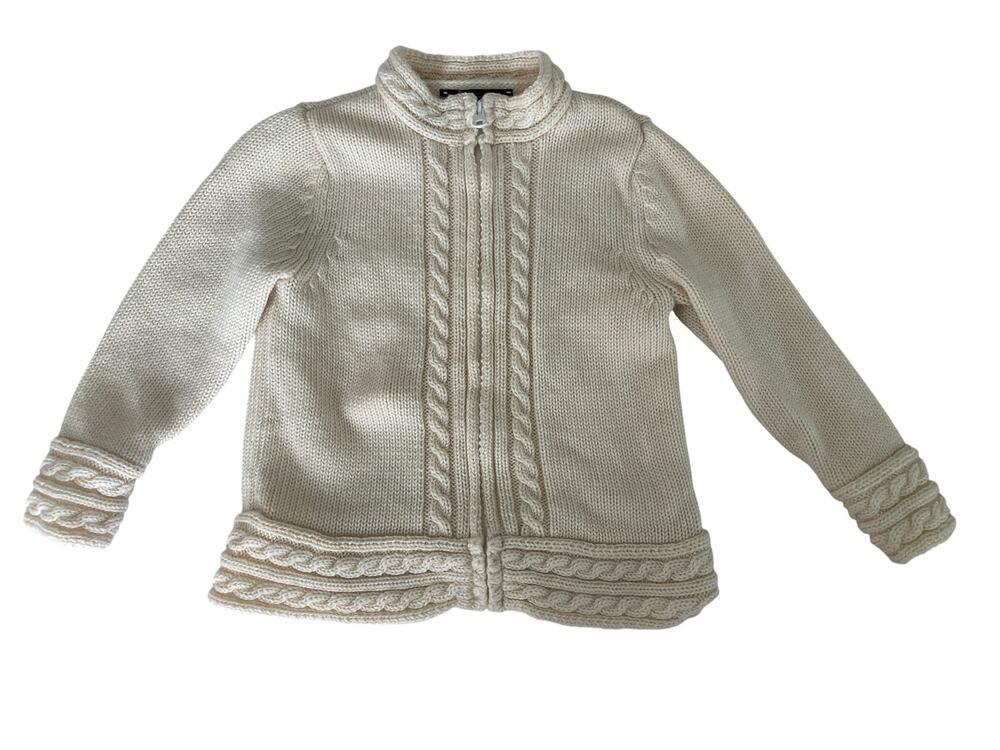 Lands' End Kids Cream Cable Knit Full-Zip Wool Cardigan Sweater 2T